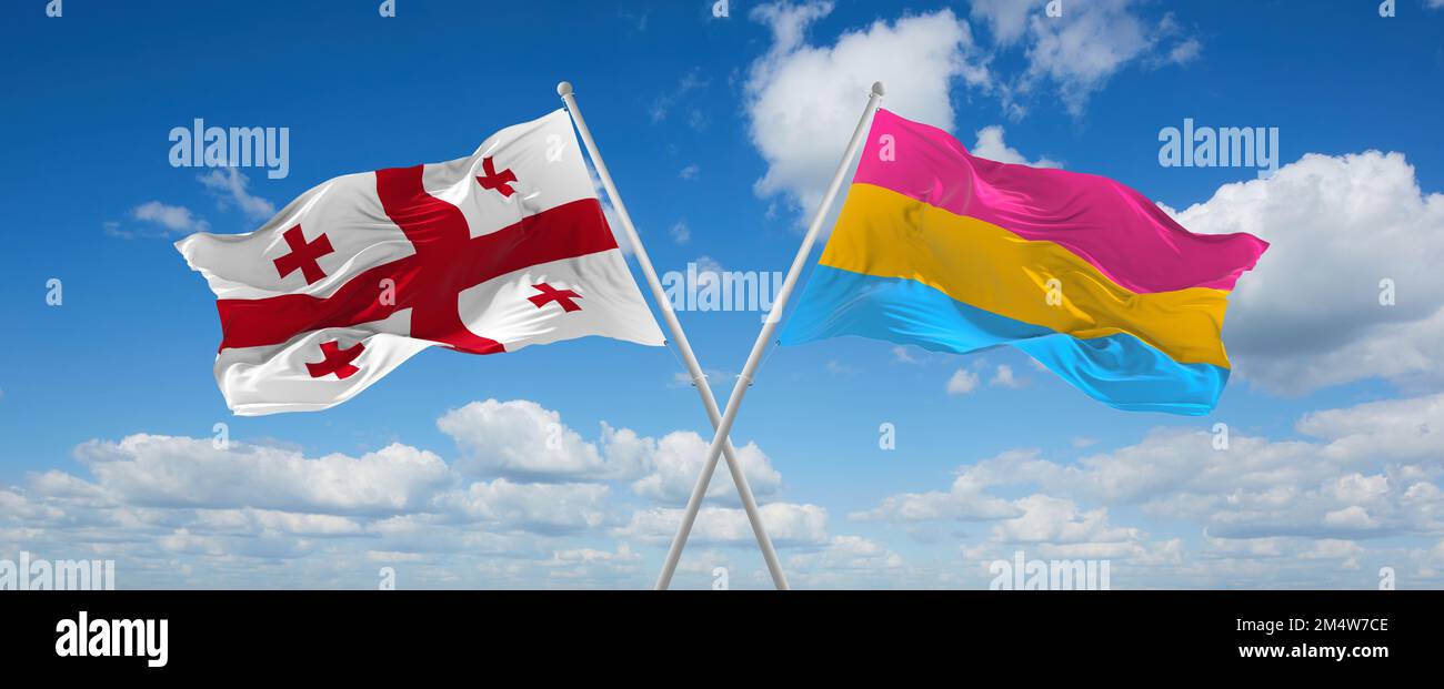 two crossed flags Pansexuality Pride and Georgia waving in wind at ...