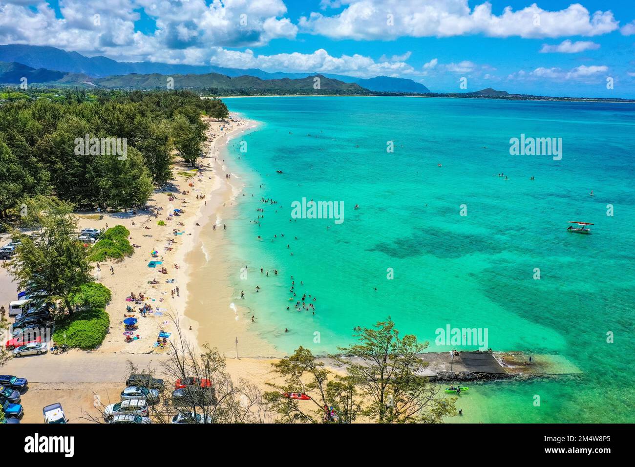 Elevated view (drone photography) of the Pacific Ocean coast at O'ahu ...