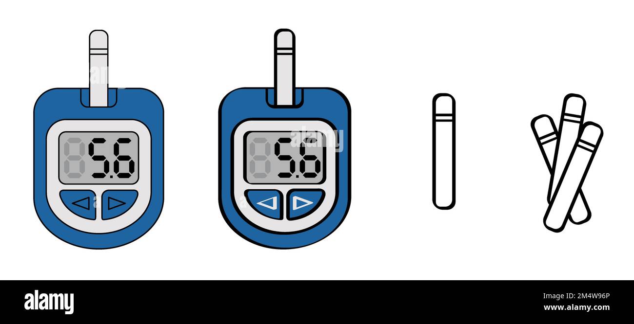 Blood, glucose meter or glucometer. Blood sugar test, level on display. Diabetes insulin. Device for testing and monitoring level of sugar. Cartoon co Stock Photo
