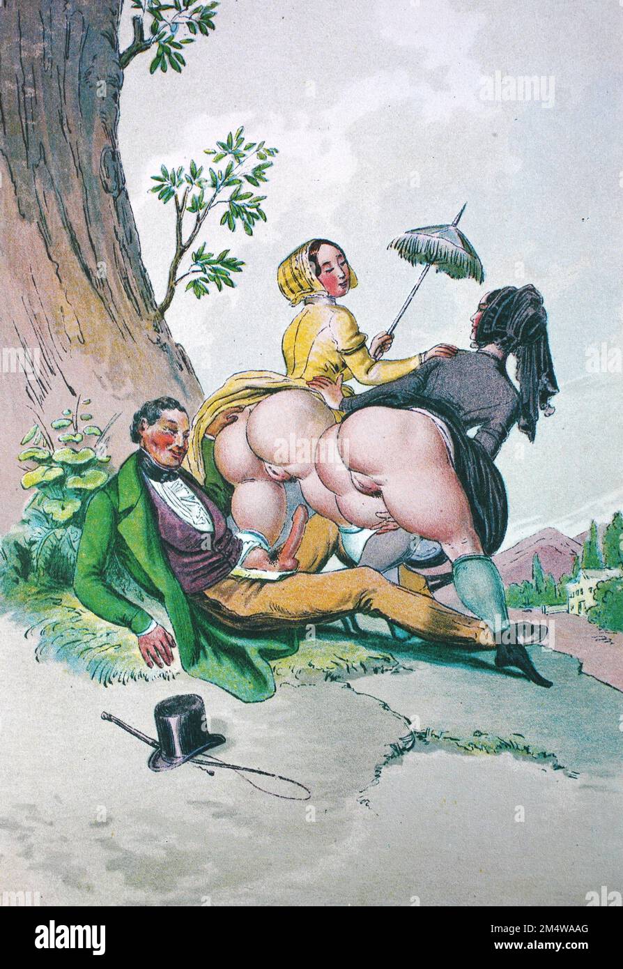 Erotische Szene aus der viktorianischen Zeit, Mann beim Sex mit zwei Frauen  in freier Natur, nach einem Bild von Peter Fendi aus der Reihe Genießet die  Liebe, Historisch, digital restaurierte Reproduktion einer