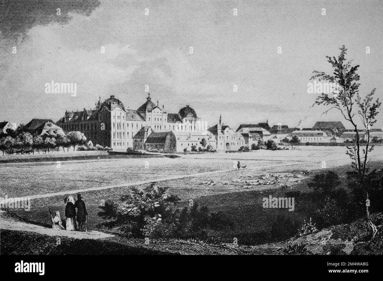 Historische Ansciht von Schloß Ellingen, um 1800, Landkreis Weißenburg-Gunzenhausen, Mittelfranken, Bayern, Deutschland, Historisch, digital restaurierte Reproduktion von einer Vorlage aus dem 19. Jahrhundert  /  Historical view of Ellingen Castle, around 1800, Weißenburg-Gunzenhausen County, Middle Franconia, Bavaria, Germany, Historical, digitally restored reproduction from a 19th century original Stock Photo