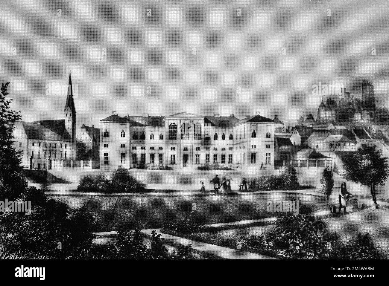 Historische Ansicht, Neues Schloß in Pappenheim, um 1800, Landkreis Weißenburg-Gunzenhausen, Mittelfranken, Bayern, Deutschland, Historisch, digital restaurierte Reproduktion von einer Vorlage aus dem 19. Jahrhundert  /  Historical view, New Castle in Pappenheim, around 1800, Weißenburg-Gunzenhausen County, Middle Franconia, Bavaria, Germany, Historical, digitally restored reproduction from a 19th century original Stock Photo