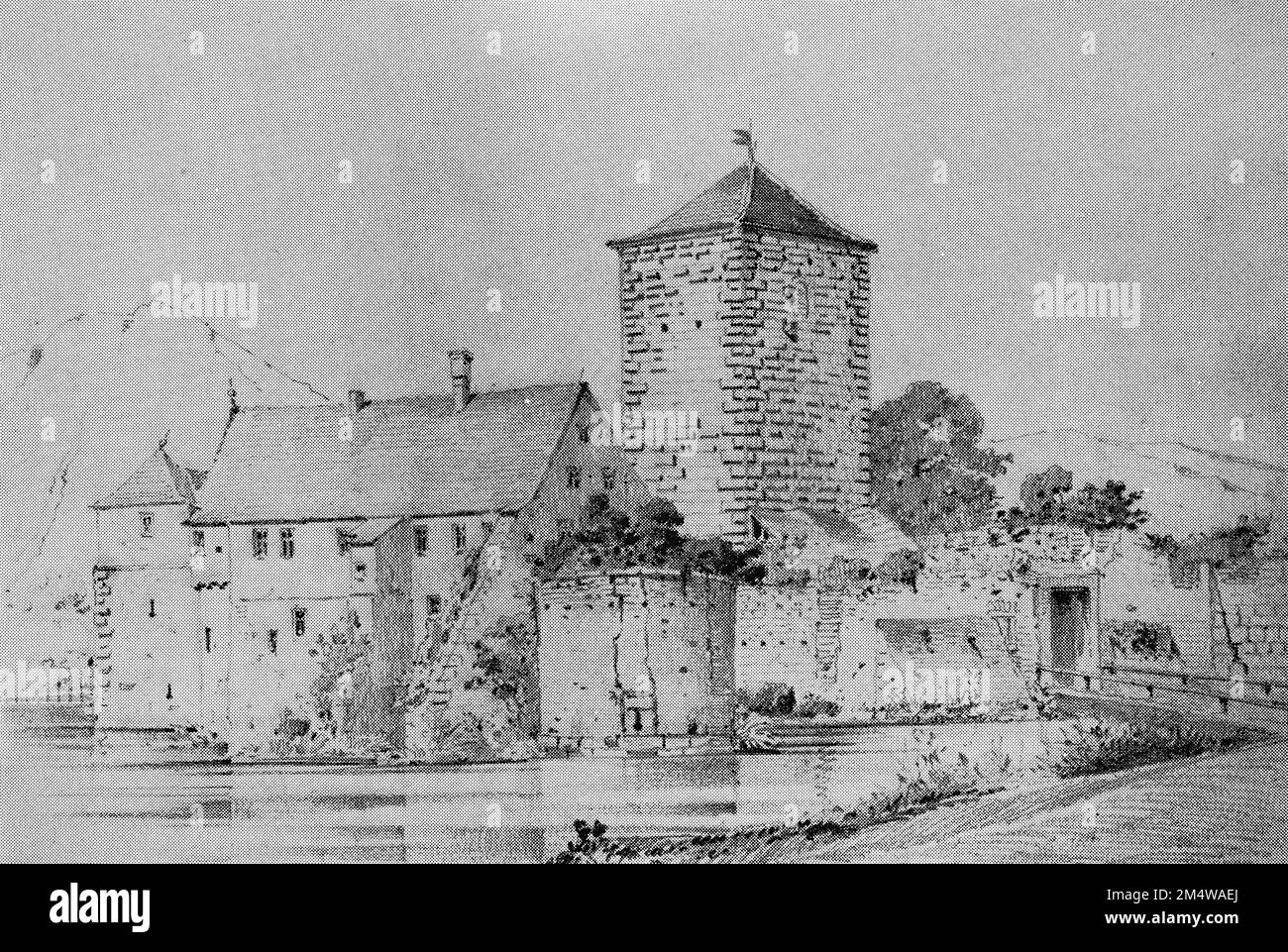 Historische Ansicht der Burg Burgsinn, Bayern, Deutschland, Historisch, digital restaurierte Reproduktion von einer Vorlage aus dem 19. Jahrhundert  /  Historic view of Burgsinn Castle, Bavaria, Germany, Historic, digitally restored reproduction from 19th century original Stock Photo