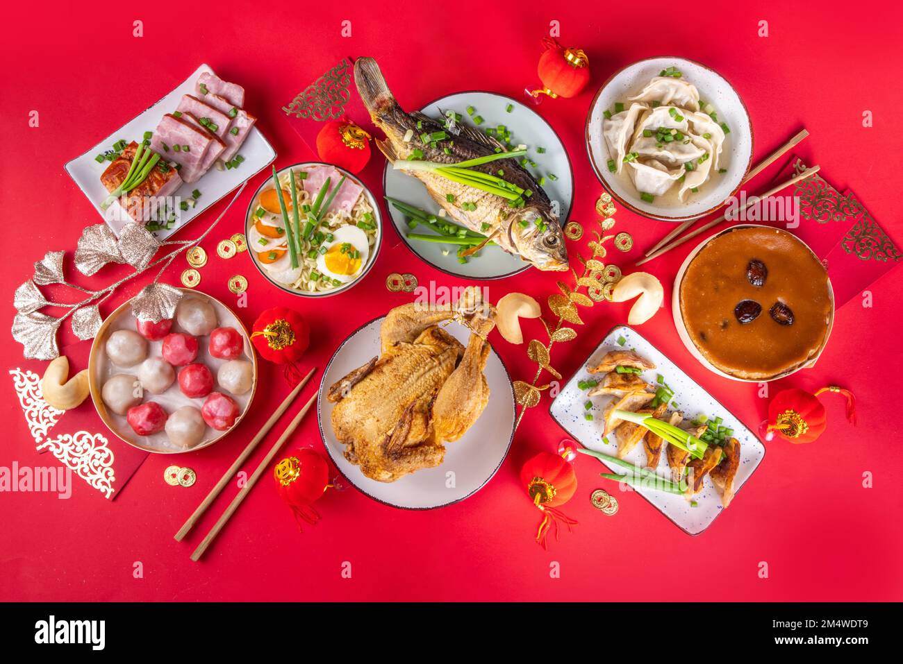 Traditional Chinese lunar New Year dinner table, party invitation, menu