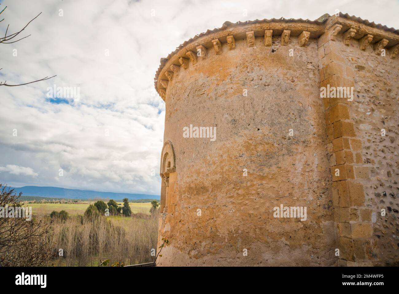 Romanesque apse of the church. Santa Marta del Cerro, Segovia province, Castilla Leon, Spain. Stock Photo