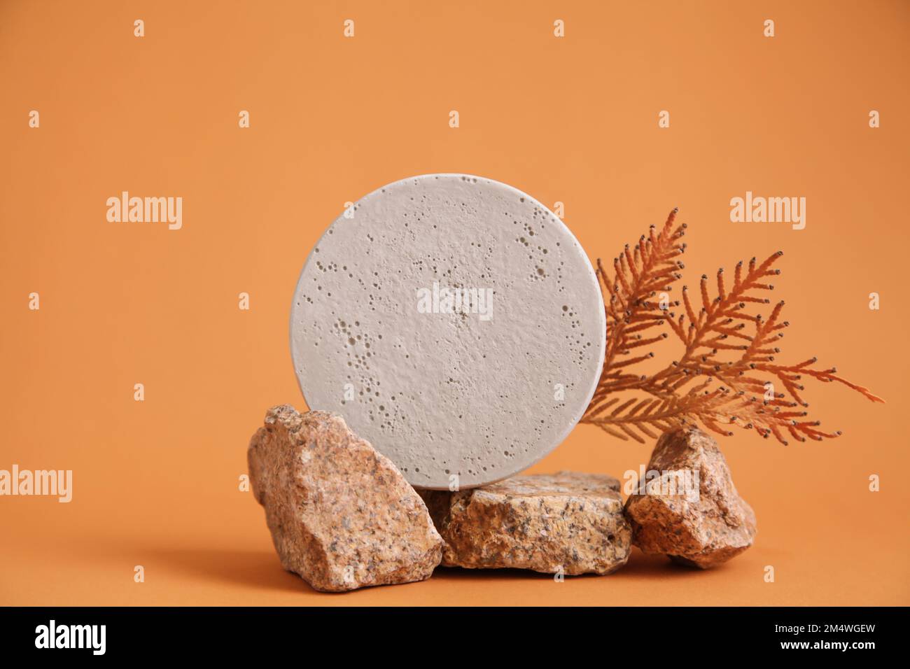 Abstract nature Autumn showcase natural stone, autumn foliage, Podium presentation cosmetics on orange background. Minimalistic branding scene. Stock Photo