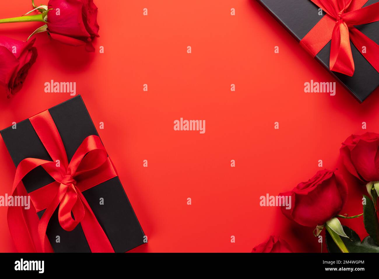 Valentines day card with gift boxes and rose flowers. On red background ...