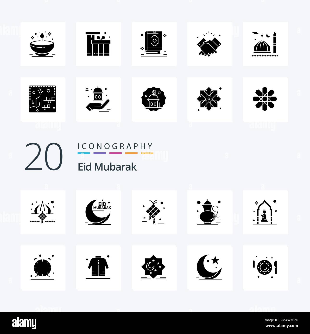 20 Eid Mubarak Solid Glyph icon Pack like qehwa tea cresent hanging creative Stock Vector