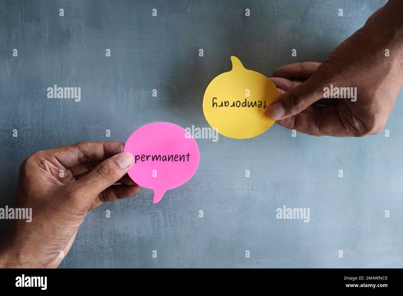 Top view image of speech bubble with text TEMPORARY and PERMANENT. Business and finance concept Stock Photo