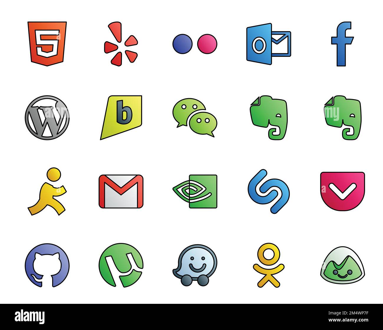 20 Social Media Icon Pack Including pocket. nvidia. wechat. mail. gmail Stock Vector