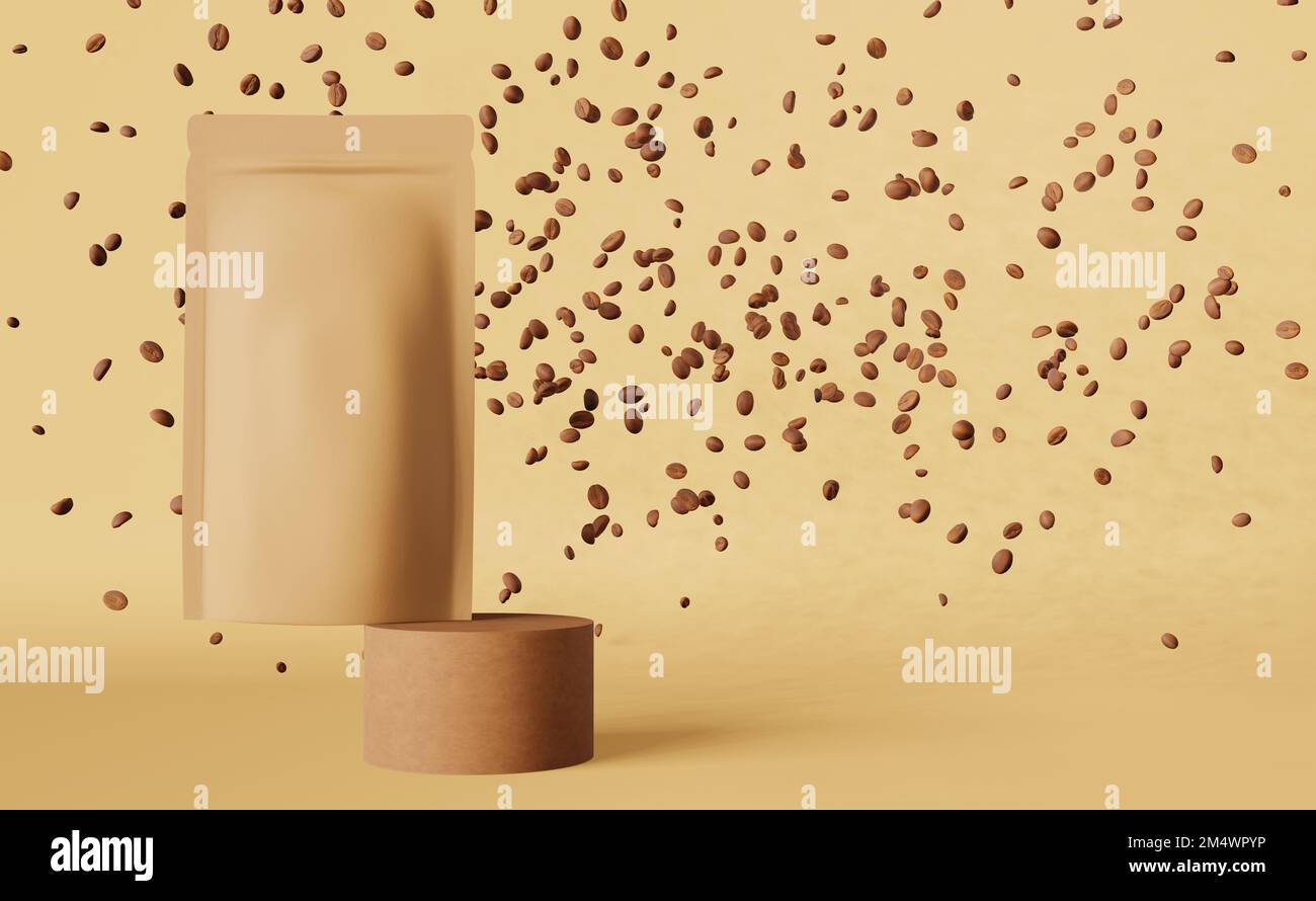 Brown paper pouch bag falling coffee bean 3D rendering podium design. Merchandise packaging logo promo.Blank kraft product doy pack levitating templat Stock Photo