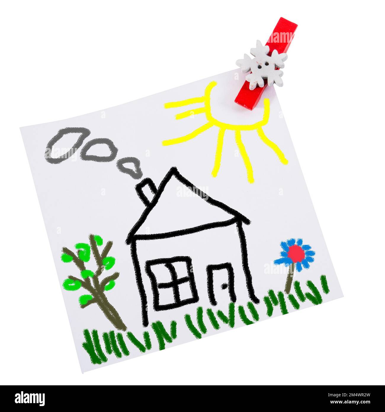 Freigestellter Zettel mit Kinderbild und Haus mit Garten Stock Photo