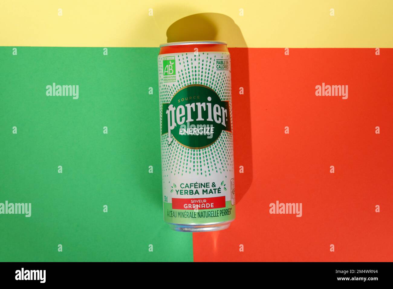 Tyumen, Russia-June 30, 2022: Perrier is a French brand of premium mineral water, energize caffeine yerba mate. French brand of premium mineral water Stock Photo