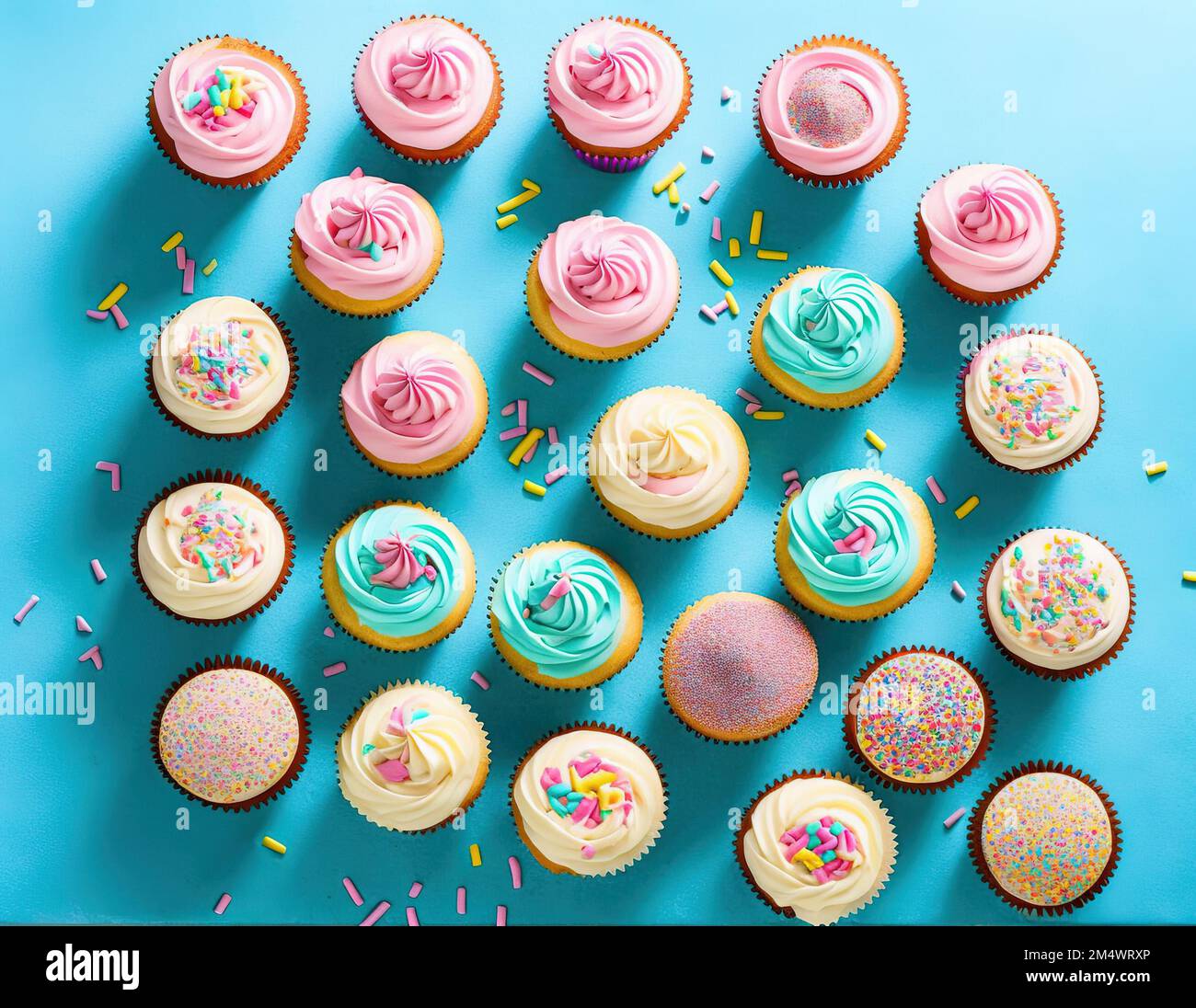 Various colored cupcakes with decorations, cupcake party, birthday