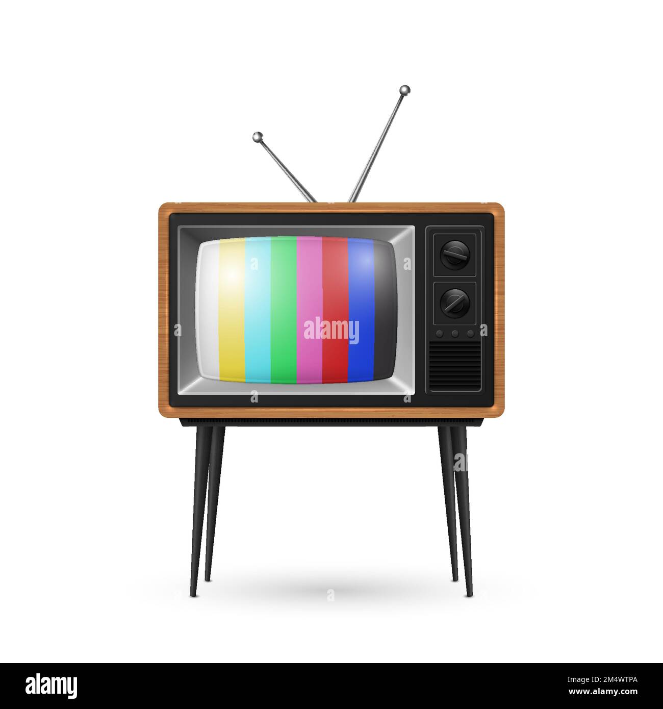 Vector 3d Realistic Brown Wooden Retro Striped Screen TV Receiver Isolated on White Background. Home Interior Design Concept. Vintage TV Set Stock Vector