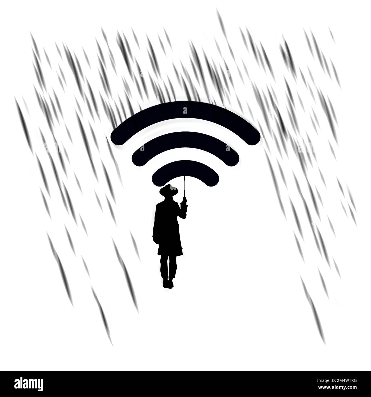 A man walks through the rain with a WiFi icon as his umbrella in an illustration about how a WiFi hotspot can back up during emergency outages of cabl Stock Photo