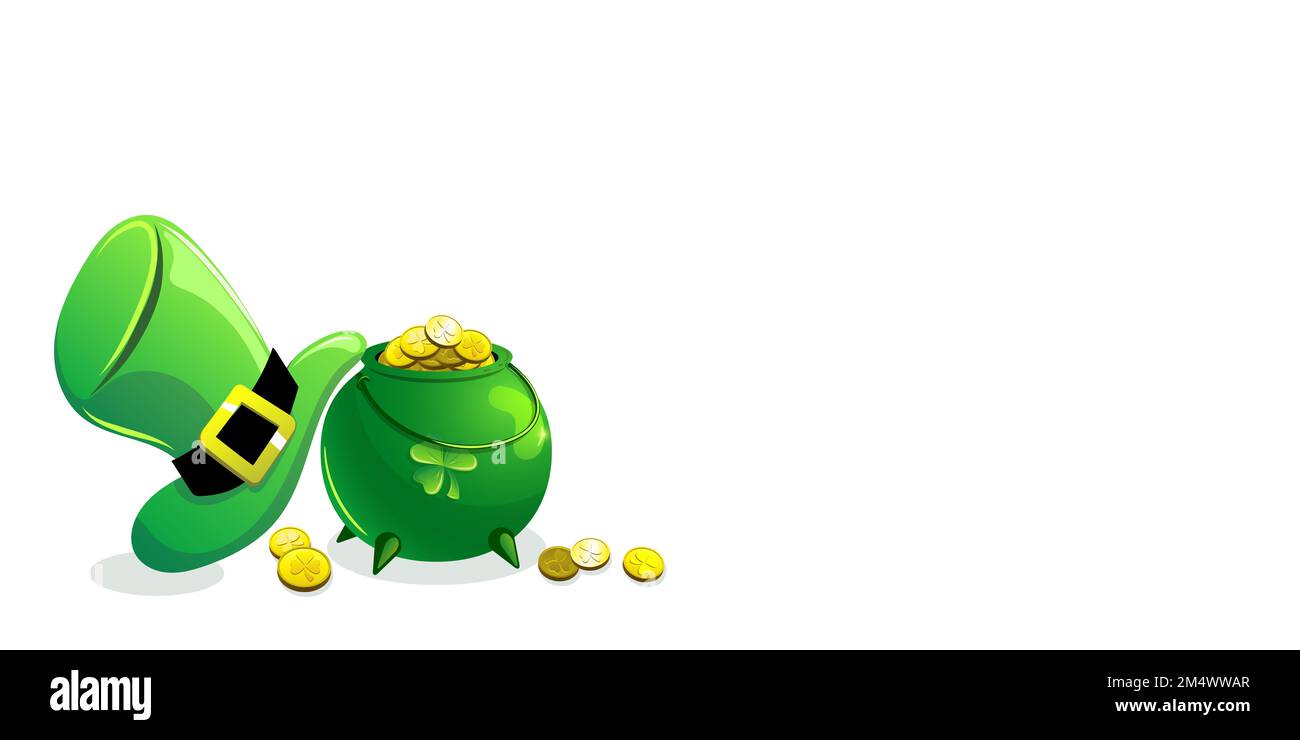 https://c8.alamy.com/comp/2M4WWAR/magic-treasure-pot-illustration-with-green-hat-and-gold-coins-saint-patrick-theme-banner-theme-2M4WWAR.jpg