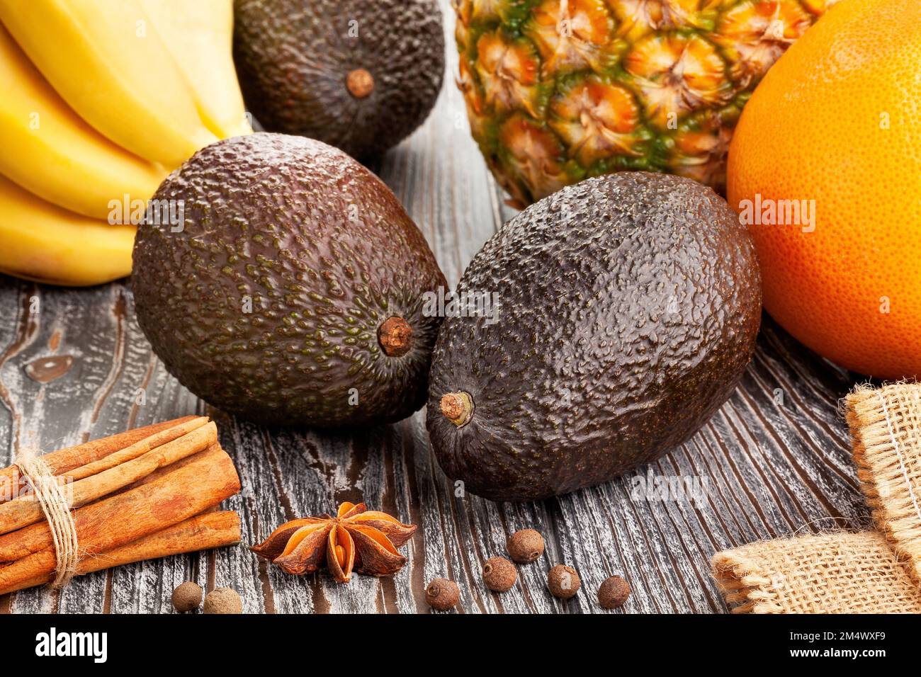 hass avocado on wood background Stock Photo
