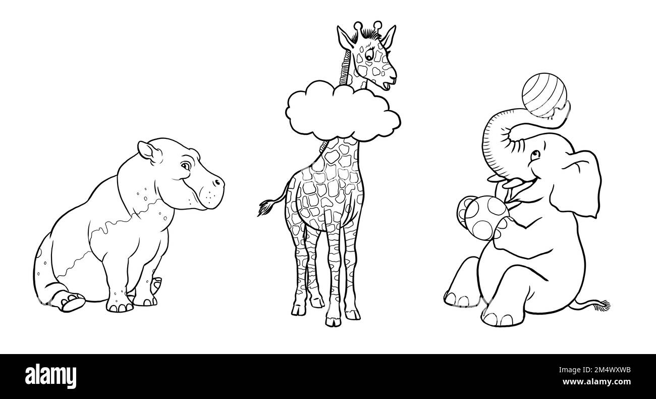 Cute hippopotamus, giraffe and elephant for coloring. Template for a coloring book with funny animals. Coloring template for kids. Stock Photo