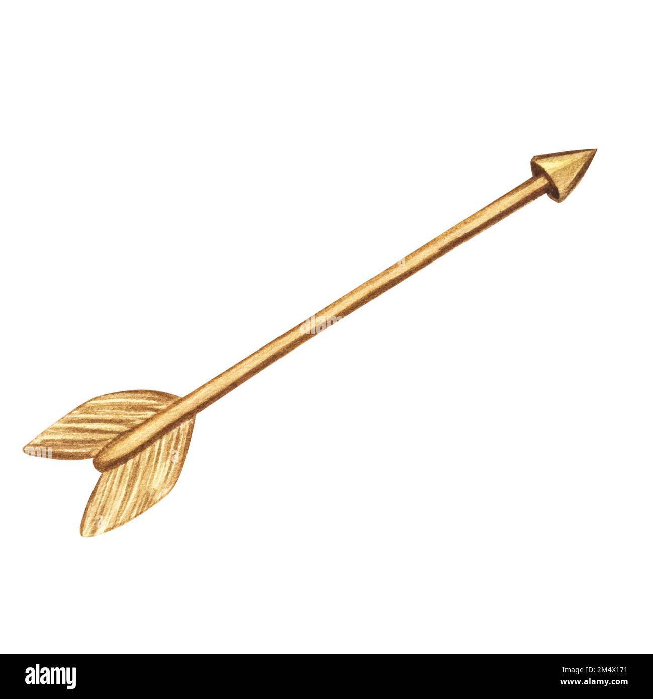 Cupid's golden arrow. Hand drawn watercolor illustration. Isolated on