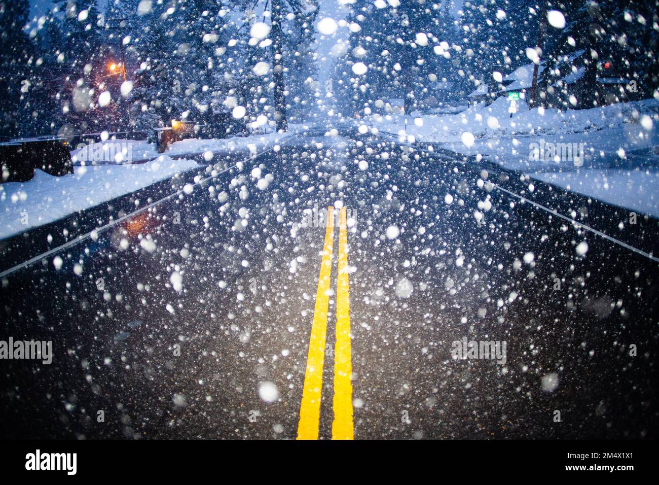 Heavy snow falls during a peaceful evening. Tahoma, California Stock