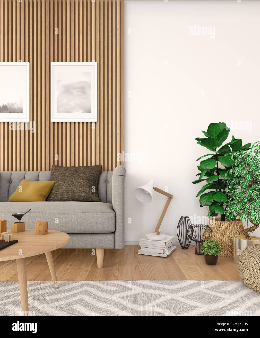 Interior view of a cozy nordic-style living room. Wooden floor, gray ...