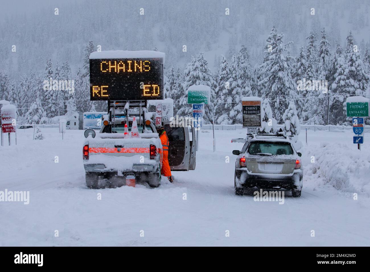 Hazardous Driving Conditions Over Donner Pass. An Amazon truck waiting out the storm Highway 80- Truckee, California Stock Photo