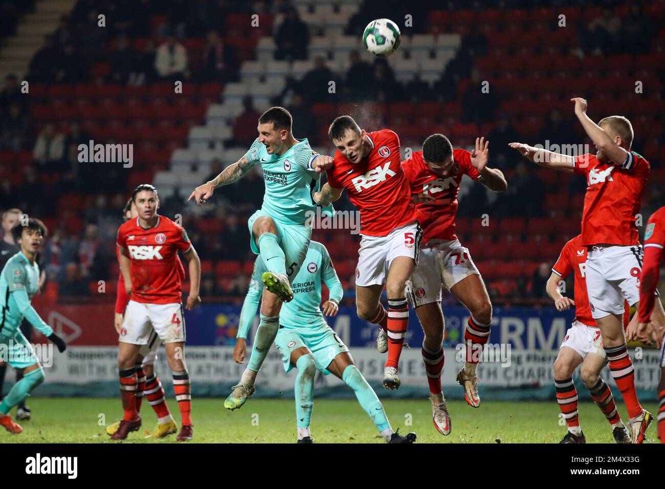 Samuel Lavelle of Charlton Athletic and Lewis Dunk of Brighton & Hove Albion compete for the ball from a corner during the Carabao Cup 4th Round match between Charlton Athletic and Brighton and Hove Albion at The Valley, London on Wednesday 21st December 2022. (Credit: Tom West | MI News) Stock Photo