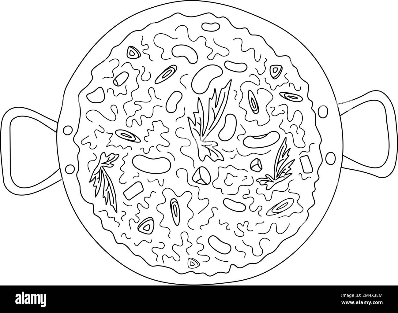 Outline drawing of chili con carne with beef mincemeat, bens and onion and chili slices in a large pot with handles in doodle style. Isolate. Good for poster, menu, brochure or invitation, label. EPS Stock Vector