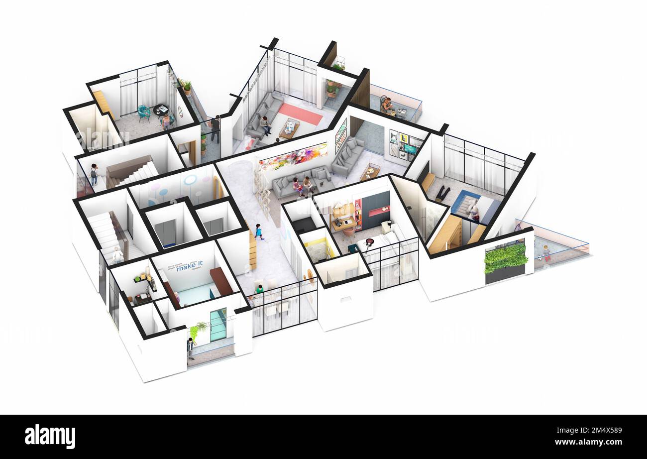 Three bedroom family apartment isometric floor plan Stock Photo