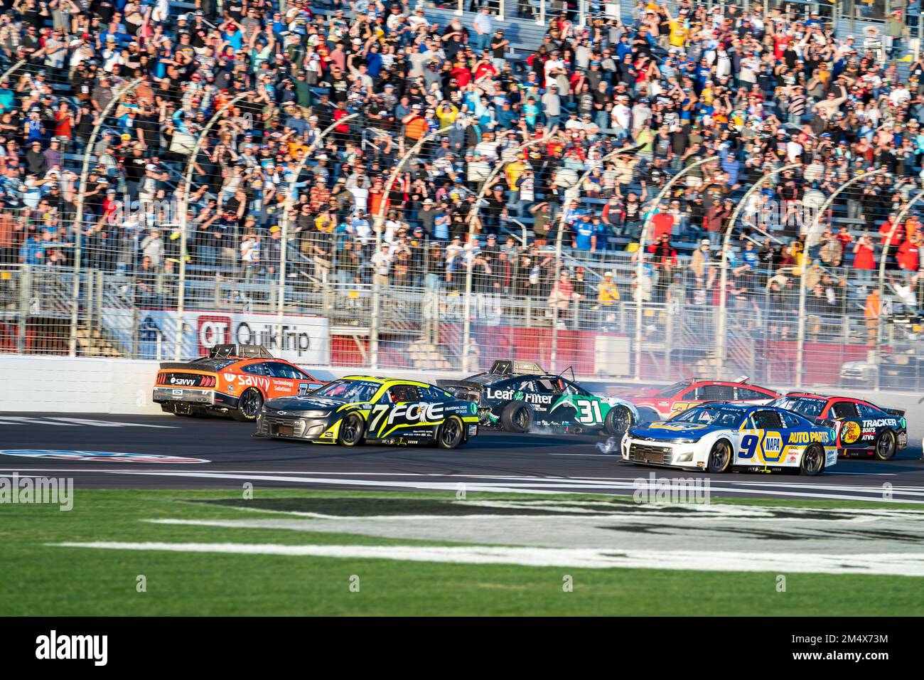 Justin Haley crashes while racing for position for the Folds of Honnor Quik Trip 500 at Atlanta Motor Speedway in Hampton, GA. Stock Photo