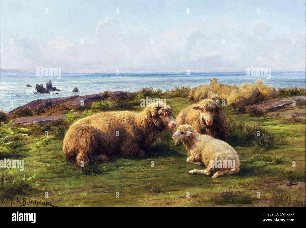 Sheep by the Sea by Rosa Bonheur (Marie-Rosalie Bonheur: 1822-1899), oil on panel, 1865 Stock Photo