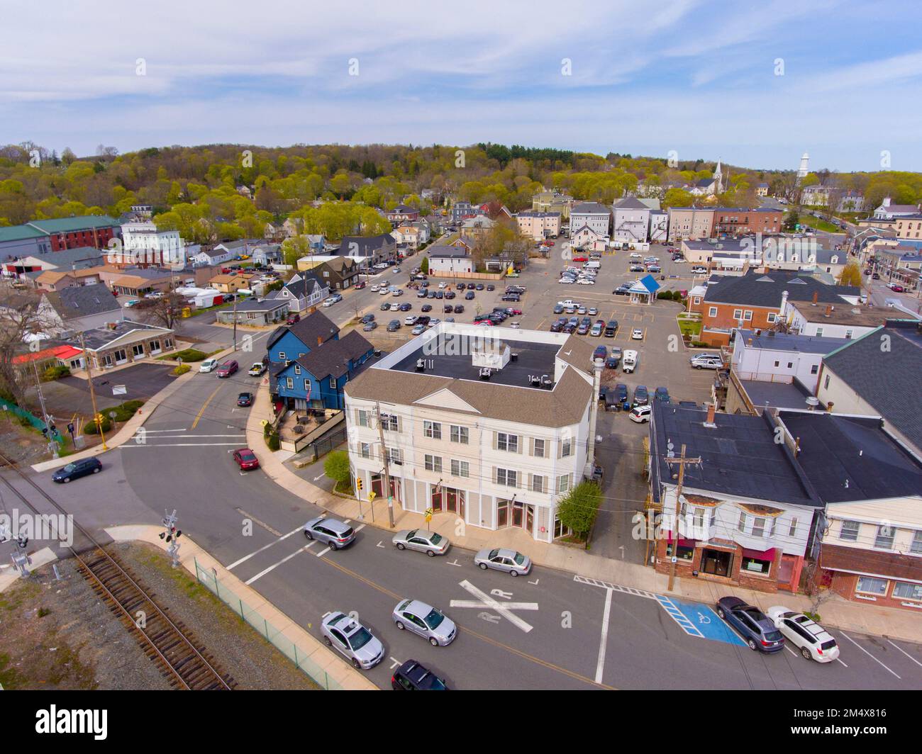 Historic commercial building aerial view on Depot Square at Washington ...