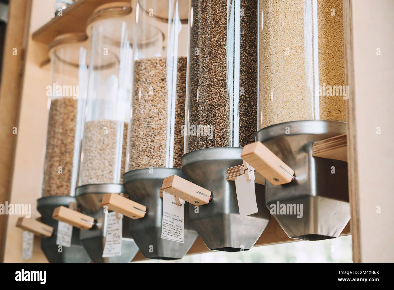 Food dispensers with lentils in store Stock Photo