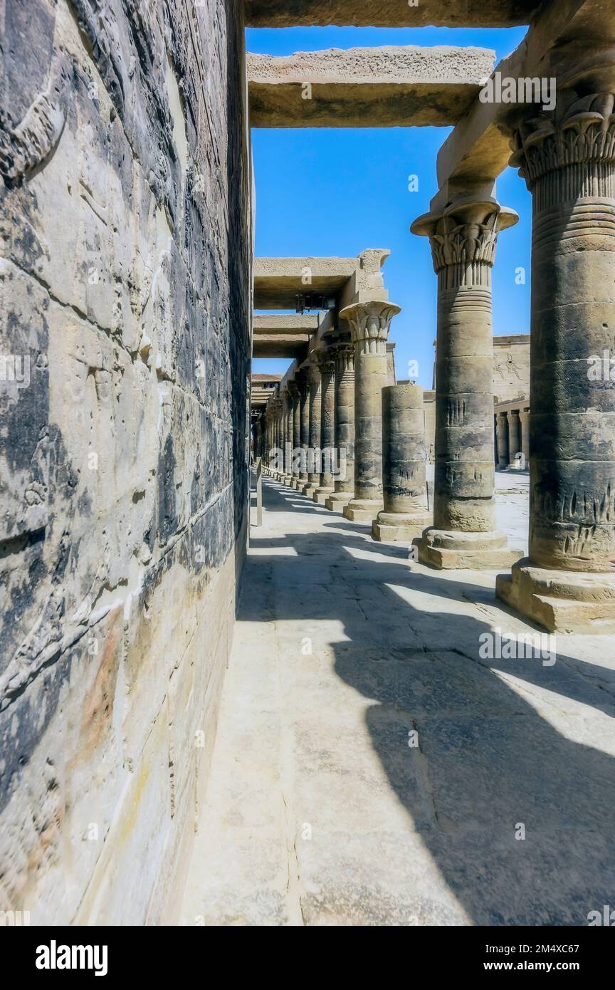 Egypt, Aswan Governorate, Aswan, Colonnade in Temple of Philae Stock Photo