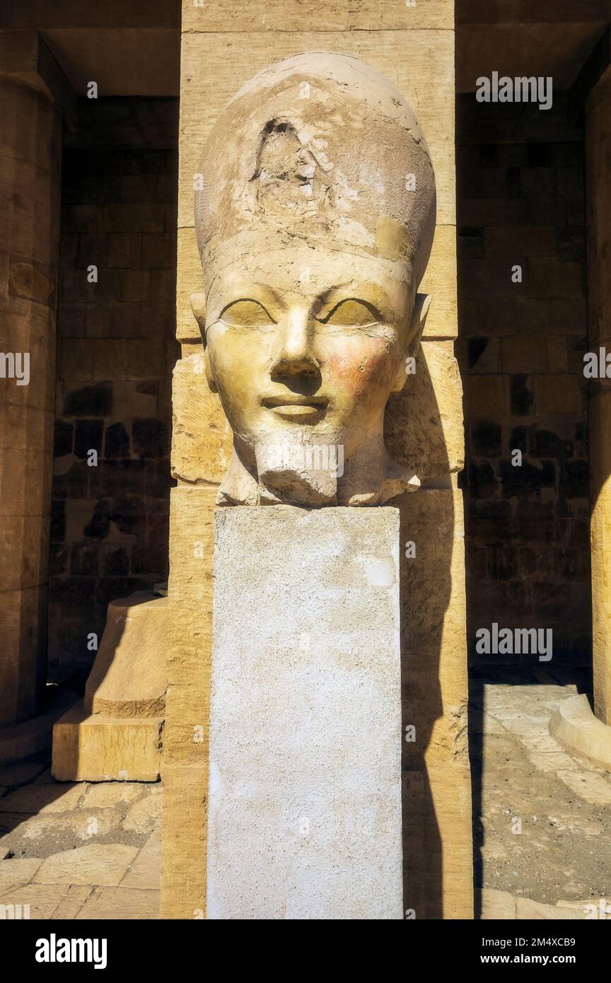 Egypt, Luxor Governorate, Pedestal with head of Hatshepsut Stock Photo