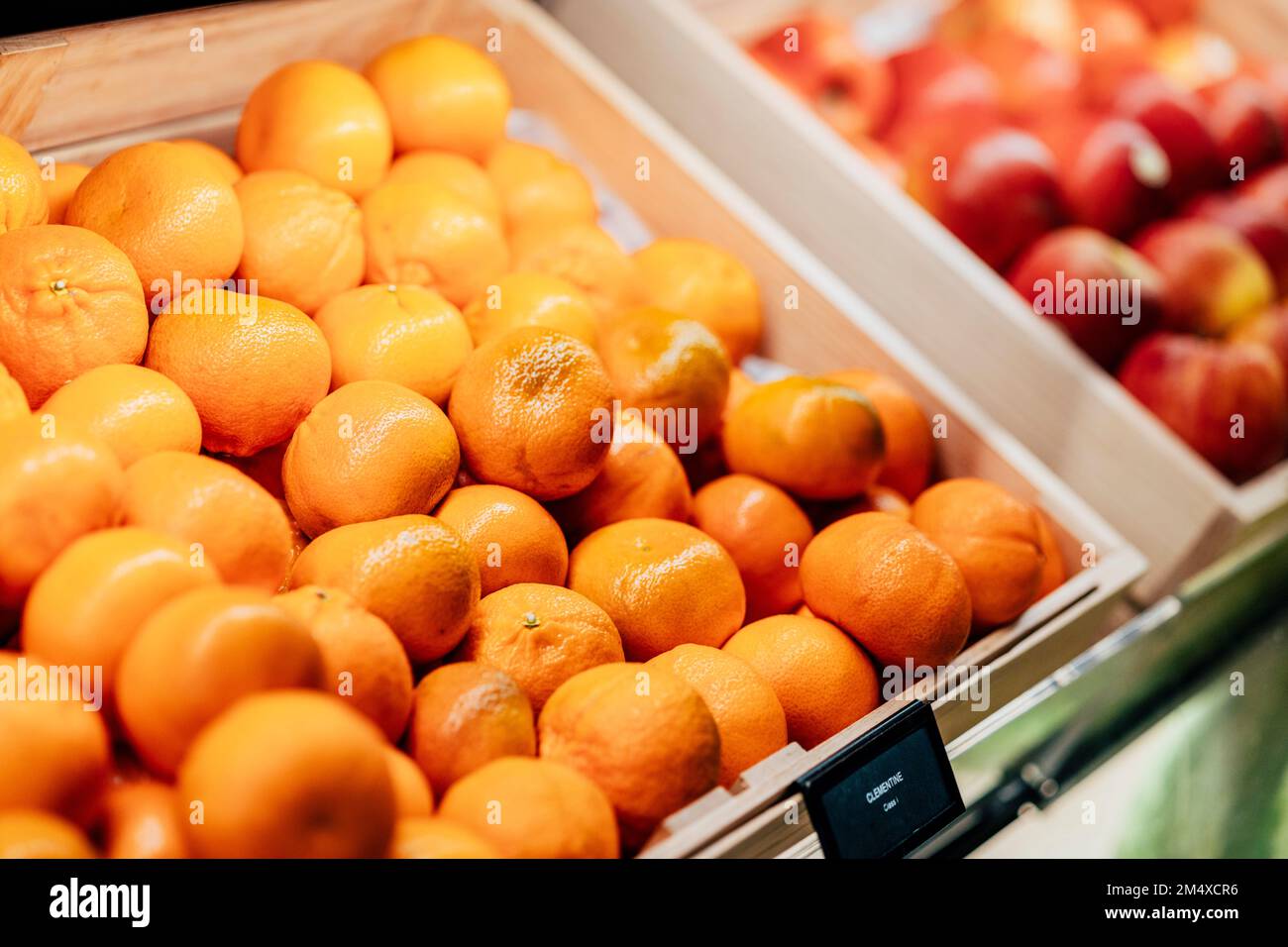 Fresh organic tangerines at market stall Stock Photo
