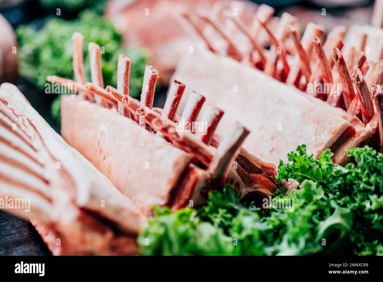 Pork ribs with kale prepared to bake Stock Photo