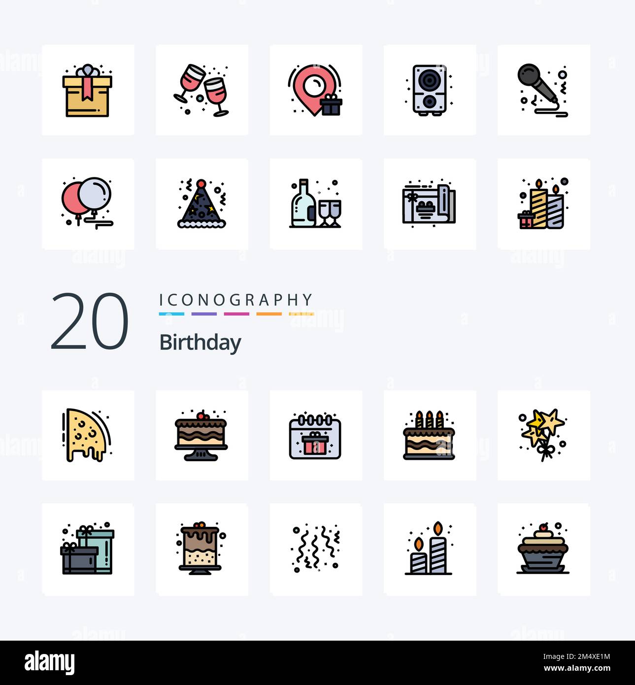 20 Birthday Line Filled Color icon Pack like birthday stare birthday