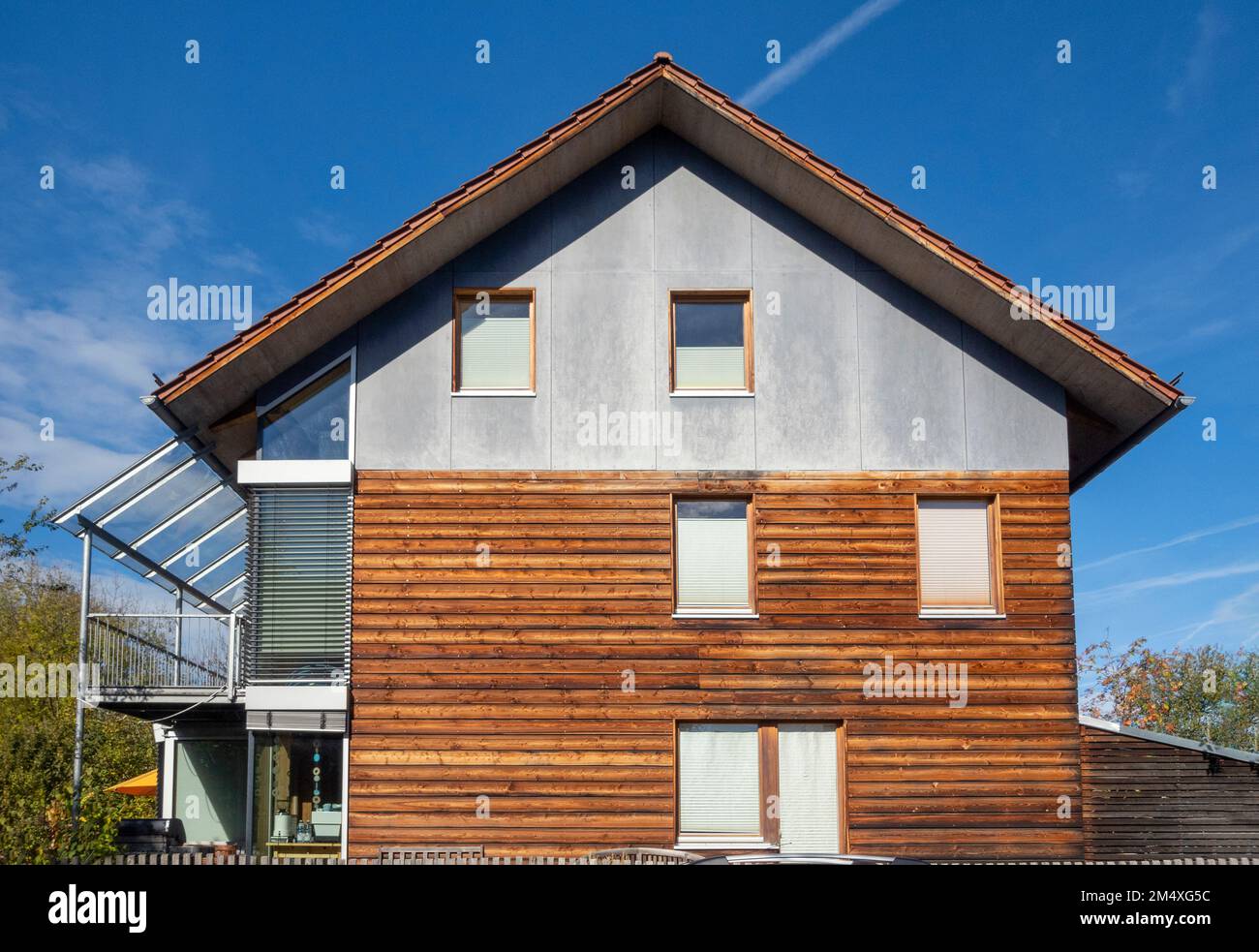 Germany, Bavaria, Munich, Exterior of modern passive house with wooden