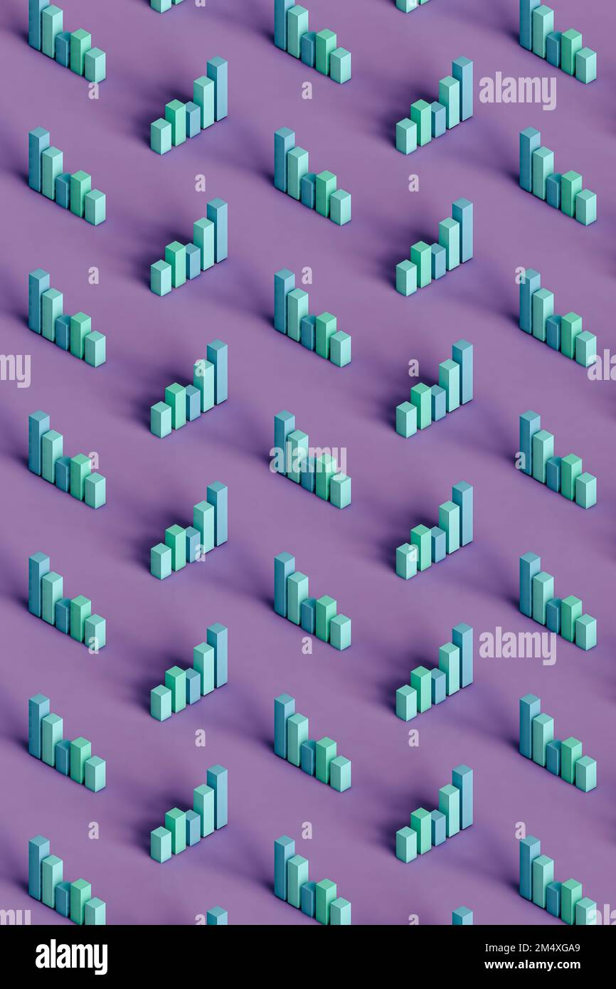 Three dimensional pattern of pastel colored bar graphs standing against ...