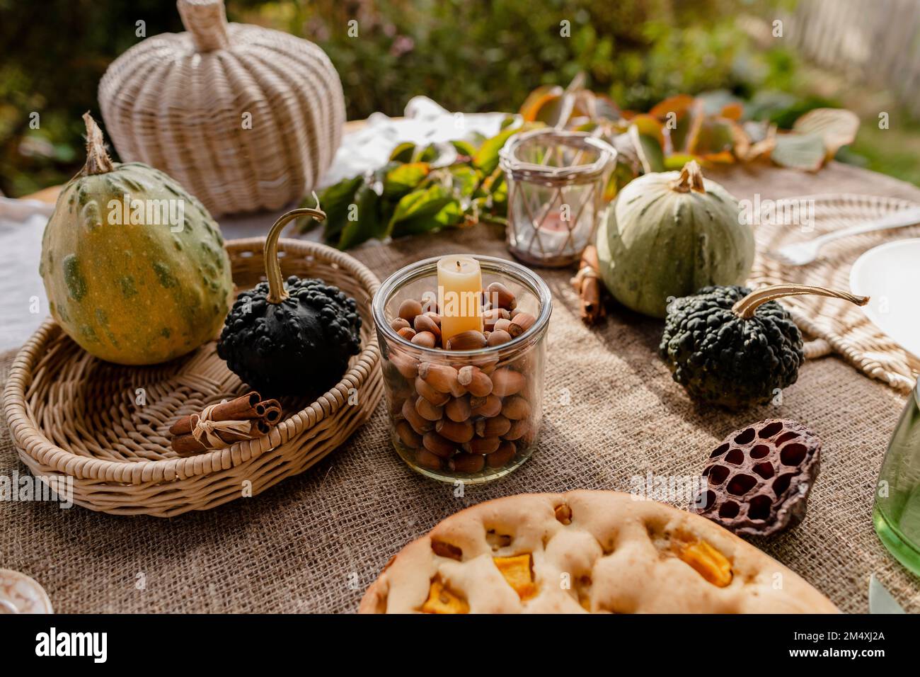 Pumpkin pie, raw pumpkins and jar with hazelnuts lying on outdoor table Stock Photo
