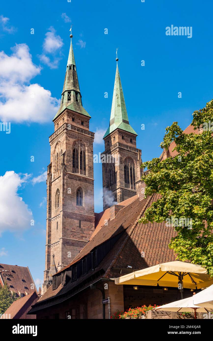 Germany, Bavaria, Nuremberg, Spired bell towers of Saint Sebaldus Church Stock Photo