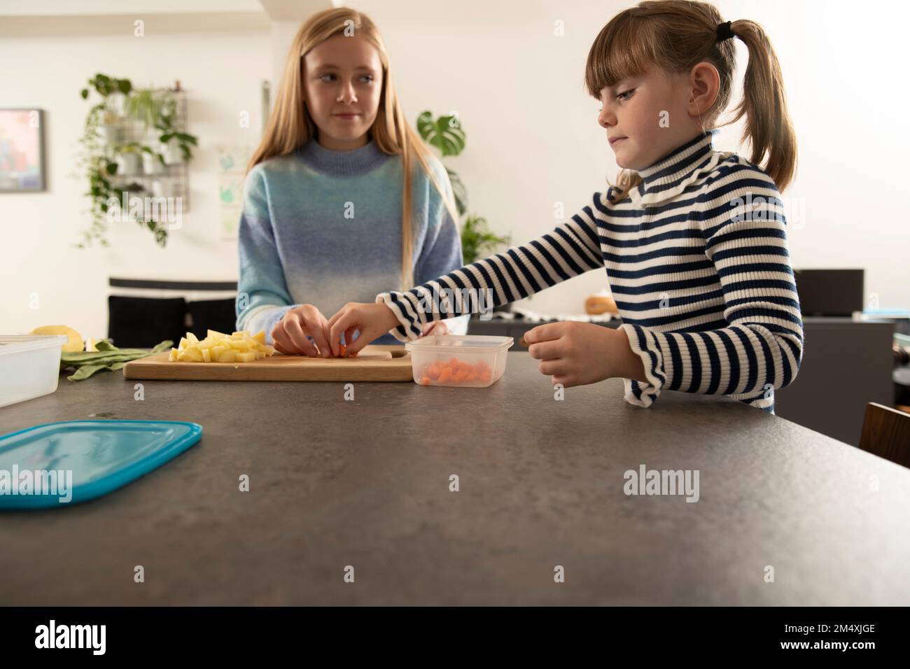 Girl with sister storing vegetables in plastic containers at home Stock