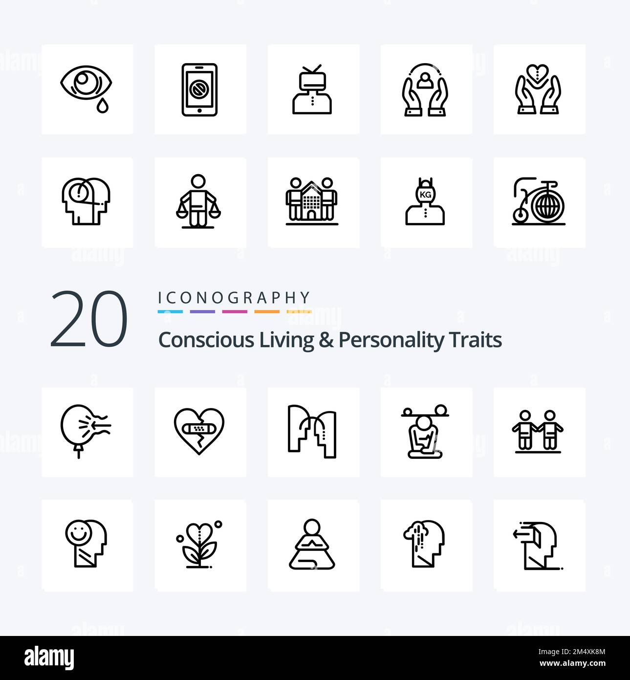20 Concious Living And Personality Traits Line icon Pack like mind