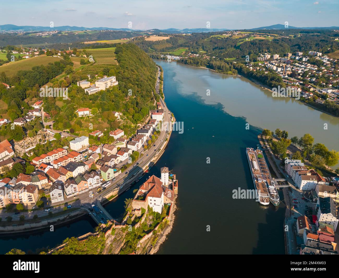 Germany, Bavaria, Passau, Aerial view of confluence of Danube and Ilz rivers Stock Photo
