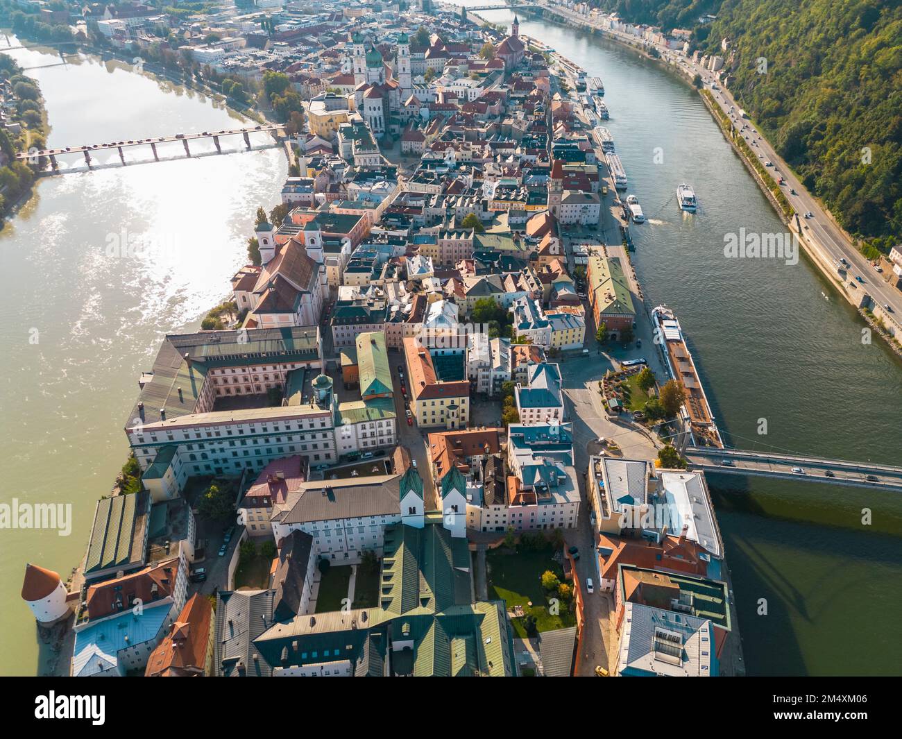 Germany, Bavaria, Passau, Aerial view of old town surrounded by Danube