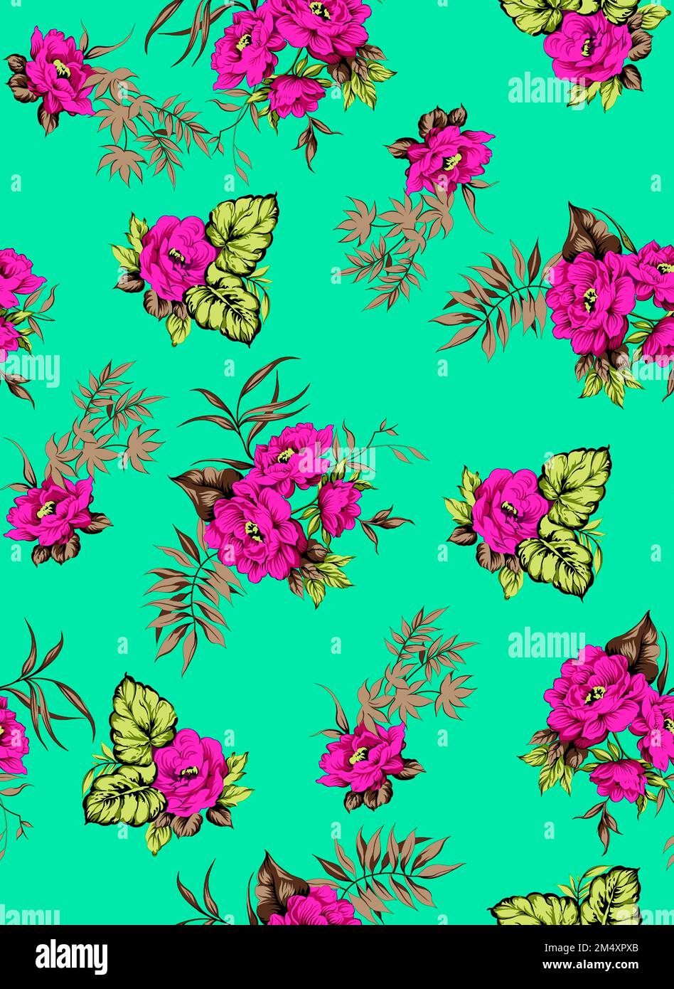 Pink flowers with green leaves on cyan or background floral Pattern For Textile Use. Seamless Floral Pattern For Kurti, skirts and dresses. Stock Photo