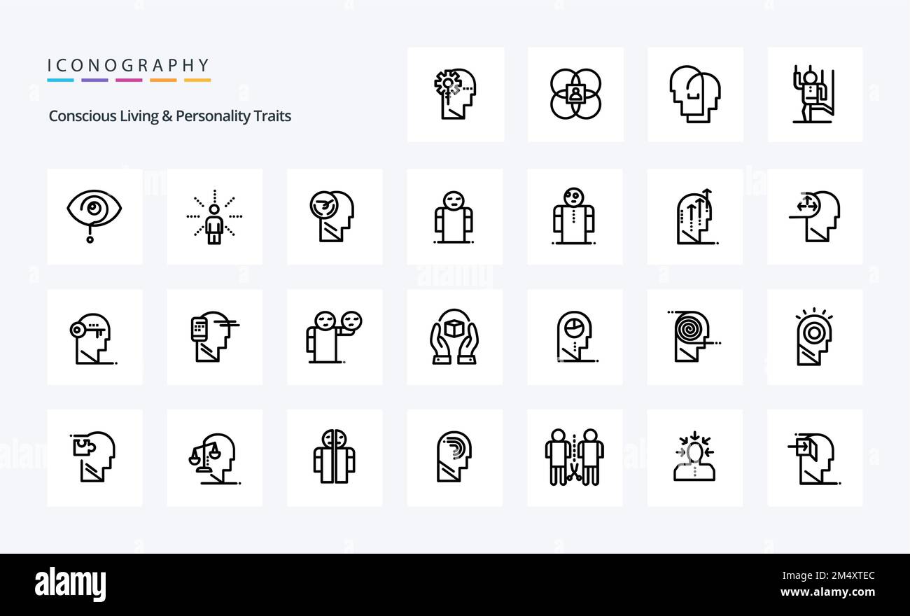 25 Concious Living And Personality Traits Line icon pack Stock Vector