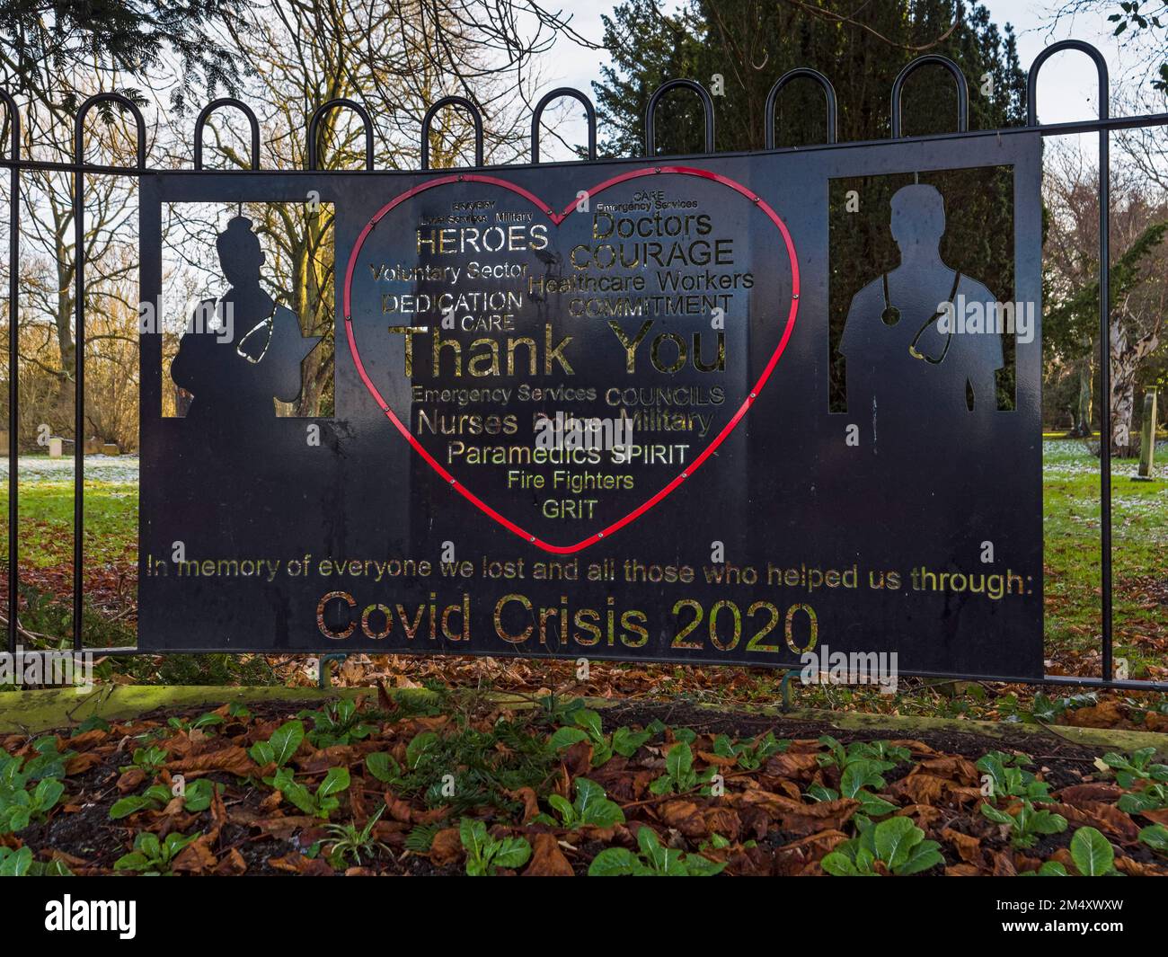 Memorial sign at UK cemetery for those who perished and worked through the coronavirus pandemic. Stock Photo